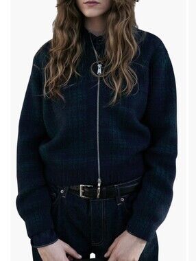 Mango Asies Glen Plaid Cardigan In Blue/Green S NWT HTF